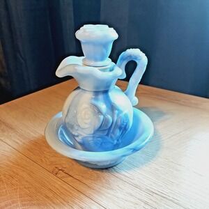Avon Victoriana Bath Set  Small Blue Excellent 1978 Slag Glass Rose Set